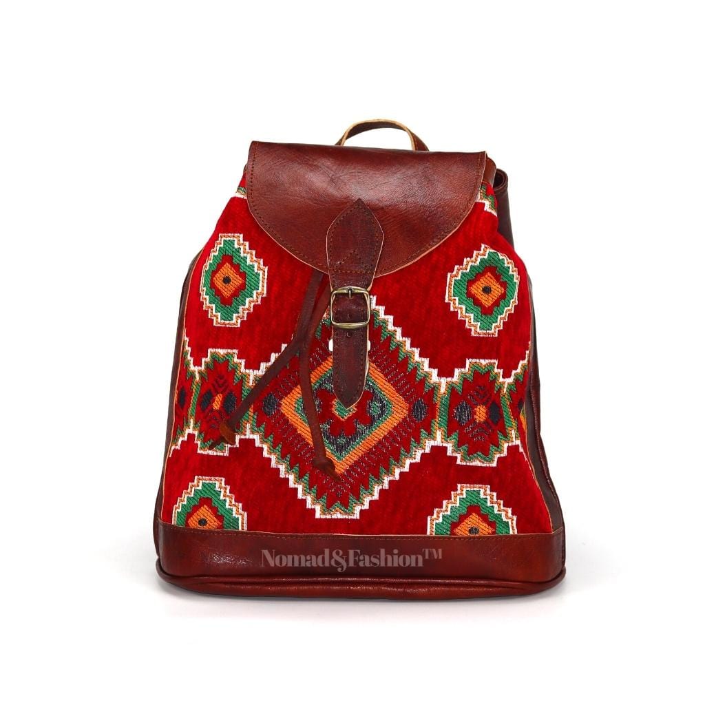 Vintage Backpack Moroccan Handmade leather with Red kilim Rustic Boho style - Brooklyn Leather goods